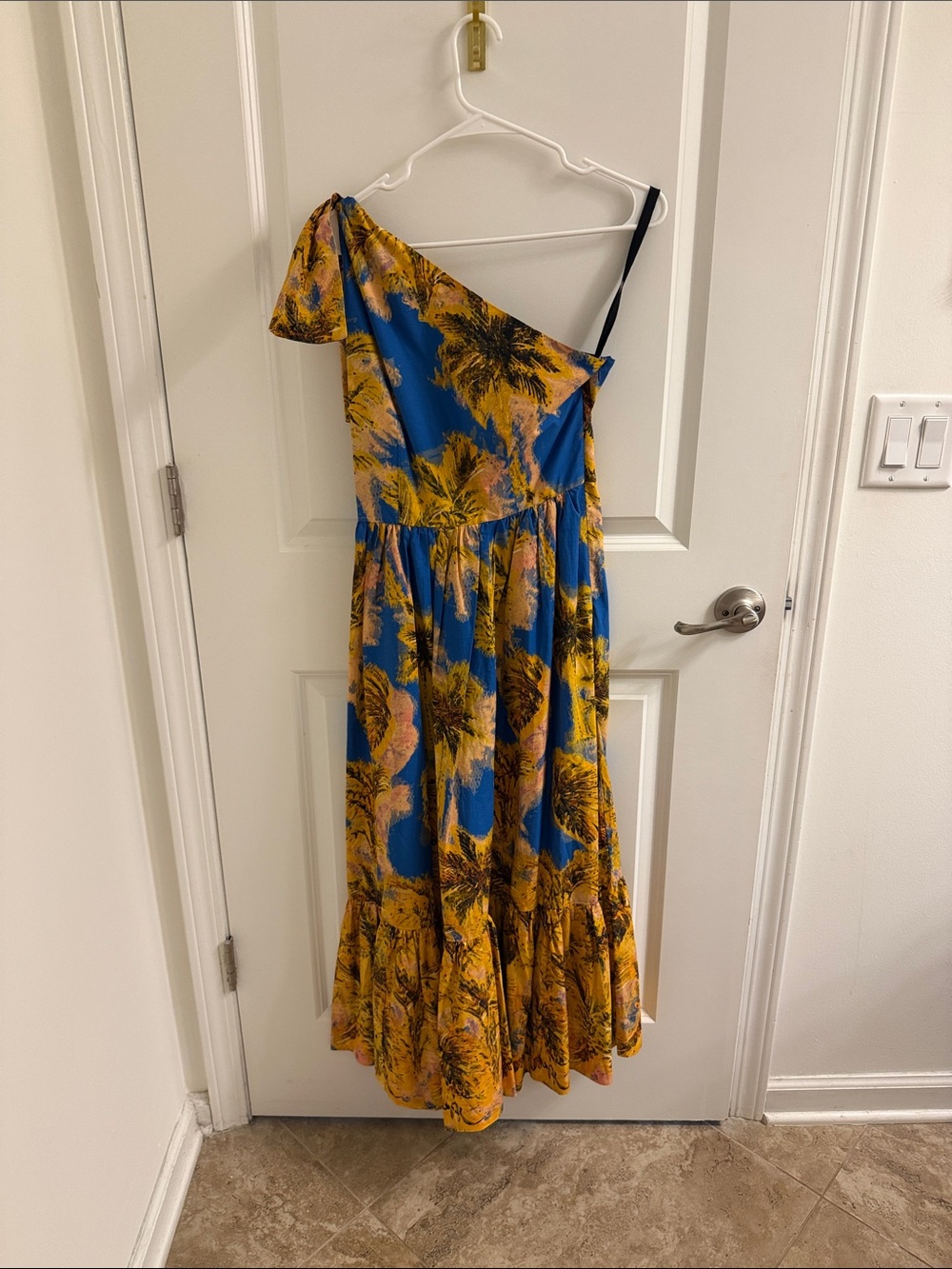 HUNTER BELL Blue and Yellow One-Shoulder Tropical Maxi Dress